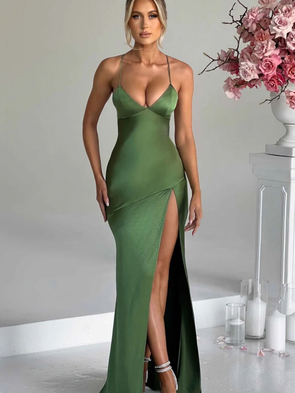 Elegant Backless Satin Slip Dress in Olive Green